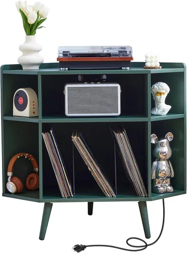 Vista 17 de Soporte para tocadiscos de 45.3 pulgadas con almacenamiento de vinilo, mesa giratoria de madera con capacidad para hasta 350 álbumes, moderno