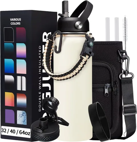 Vista 17 de Botella de agua aislada de 1 galón, con popote y tapa de pico automático, mango de paracord, funda para botella, botella de agua de acero inoxidable