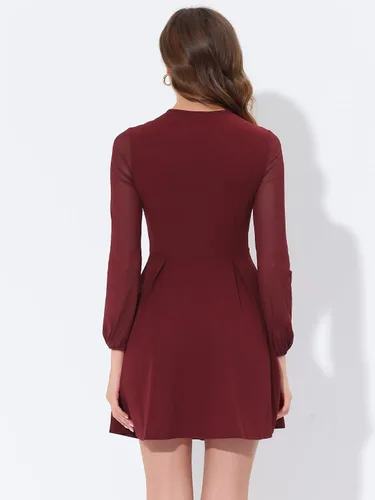 Vista 3 de Allegra K Vestido acampanado para mujer, con cuello de lazo, manga de malla gótica, minivestido