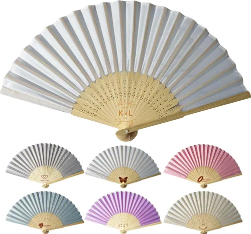 Vista 14 de Abanicos de mano personalizados a granel ventiladores de seda personalizados con grabado en el mango, regalos de fiesta, abanicos plegables vienen
