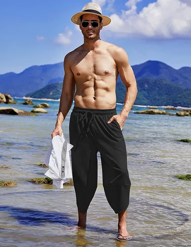 Vista 3 de COOFANDY Pantalones capri harén de lino para hombre, ligeros, sueltos, 34, con cordón elástico, cintura elástica, pantalones casuales para yoga