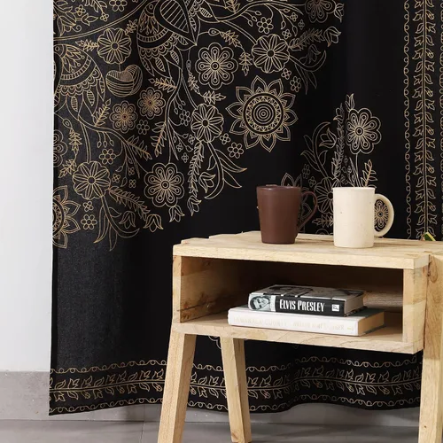 Vista 3 de Popular Handicrafts India Hippie Mandala Bohemia Hermoso Bosquejo Cortina Cortina Dormitorio Sala Balcón Cenefa Paneles Negro Oro