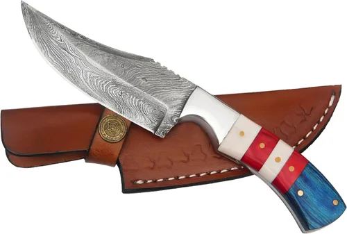 Vista 13 de Cuchillo de Acero de Damasco con Funda de Cuero – Cuchillo de Hoja Fija de Espiga Completa de 7.5" con Mango de Madera de Palisandro de 4