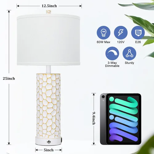 Vista 2 de Brightever Lámpara de mesa para sala de estar, juego de 2 lámparas táctiles con puertos de carga USB duales, lámparas de granja regulables de 3 vías