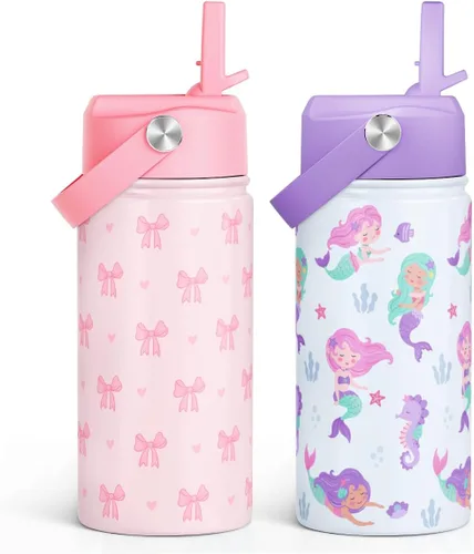 Vista 28 de SANDJEST Botella de Agua para Niños con Tapa de Pajita - 12 Oz Botella de Acero Inoxidable Aislada con Dibujo de Animales para Niños y Niñas - Taza