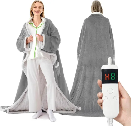 Vista 30 de Manta térmica portátil con mangas y bolsillo para el pie, manta térmica de calentamiento rápido con 10 ajustes de calor apagado automático