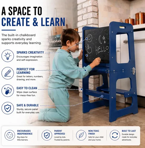 Vista 7 de Avenlur Date 4 en 1 Montessori - Taburete plegable de aprendizaje, escritorio, silla y pizarra Madera maciza, extra estable, rieles de seguridad