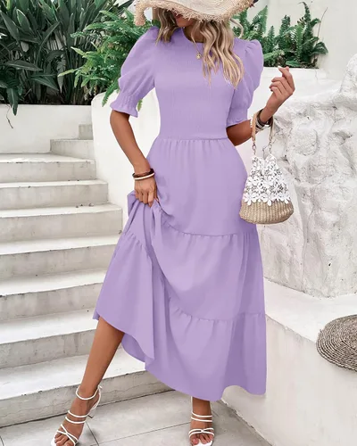 Vista 145 de BTFBM Vestidos para mujer, cuello redondo, casual, de verano, con volantes, manga corta, bohemio, con niveles, fruncido, largo, con estampado floral