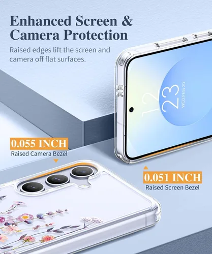 Vista 5 de GVIEWIN Funda protectora para Samsung Galaxy S25, transparente floral, delgada, a prueba de golpes, para mujer, no se pone amarilla, con protector