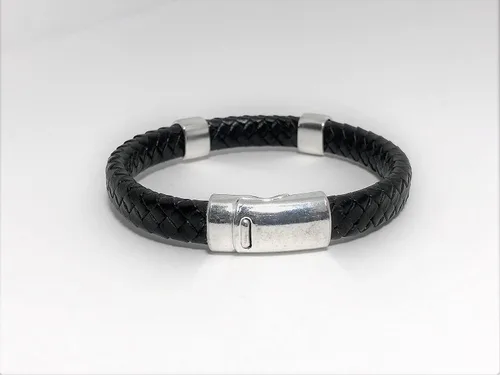 Vista 4 de Black Braided Leather and Silver Bracelet with Magnetic Clasp for Men and Women