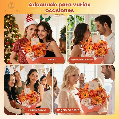 Vista 2 de Ramo de flores preservadas de color naranja, ramo de regalo para mujeres, regalo de flores falsas eternas para Navidad, aniversario, cumpleaños