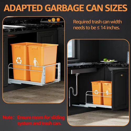 Vista 6 de Cubo de basura doble extraíble debajo del gabinete con kit de montaje de puerta, bote de basura debajo del fregadero para cocina con toboganes