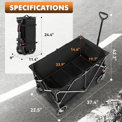 Vista 7 de Hikenture Carro plegable – Capacidad de 330 libras, carro plegable extra grande con ruedas todo terreno, carrito de playa utilitario para jardín al