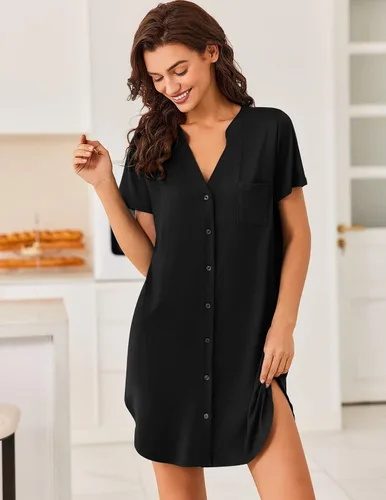 Vista 2 de Ekouaer - Camisón abotonado con cuello en V para mujer