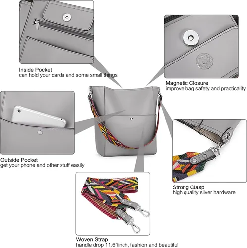 Vista 6 de BROMEN Bolsa Hobo para mujer, diseñada con cuero vegano, de hombro, bandolera