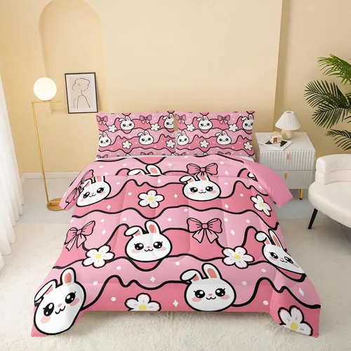 Vista 34 de QOOMO Edredón floral de gato tamaño Twin, juego de ropa de cama de gato rosa para niños, adolescentes y niñas, juego de ropa de cama de 3 piezas