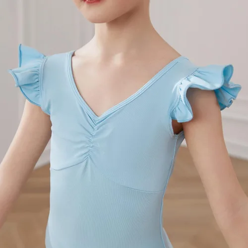 Vista 2 de HIPPOSEUS Leotardos de gimnasia de ballet para niñas, con volantes, manga corta, ropa de ballet para baile, Y-07
