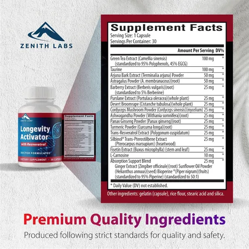 Vista 5 de Zenith Labs Suplemento dietético activador de la longevidad, antioxidantes naturales con resveratrol, apoya la función inmune y la memoria saludable