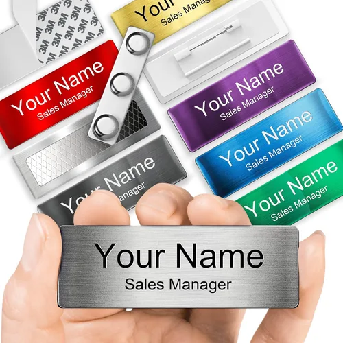 Vista 7 de Etiquetas de nombre magnéticas Insignias de identificación de metal grabadas personalizadas con pin o respaldo adhesivo Etiquetas