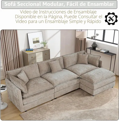 Vista 4 de Setawix Sofá Profundo de 3 Plazas con Otomana, Sofás de Nube en Forma de L de 112.2" para Sala de Estar, Sofá de Nube de Chenilla con Asiento Café
