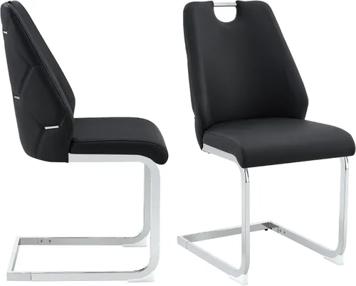 Vista 9 de Juego de 2 sillas de comedor de piel sintética negra, detalles cromados La tapicería negra llamativa, la comodidad acolchada, el soporte curvado