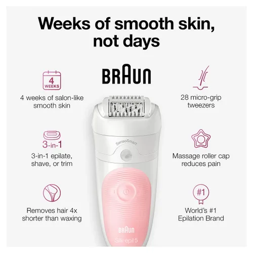 Vista 3 de Braun Depiladora SE5-895, dispositivo de depilación, depiladora para mujeres, incluye afeitadora y cepillo exfoliante de limpieza facial