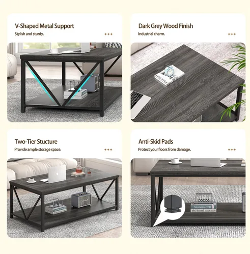 Vista 6 de FOLUBAN Mesa de centro con almacenamiento, mesas centrales pequeñas modernas para espacios pequeños, mesa de cóctel de madera rústica y metal