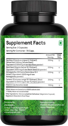 Vista 2 de Ultimate Immune Support Complex Cápsulas orgánicas de cúrcuma, musgo marino y ashwagandha de 1000 mg con vitamina C, 70 píldoras veganas