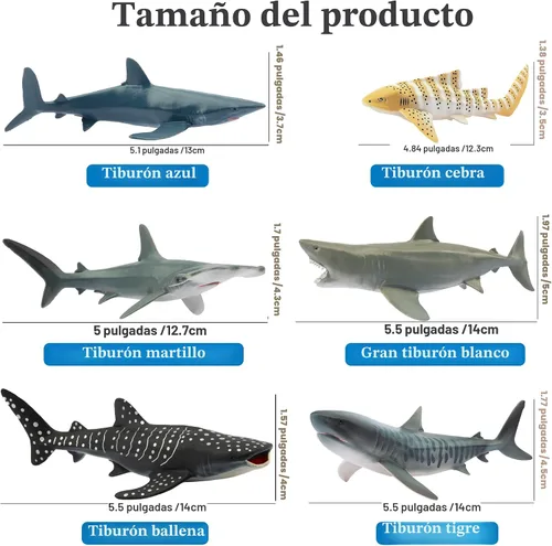 Vista 3 de Toymany 6 figuras realistas de juguete de baño de tiburón de 5 a 6 pulgadas de largo, juego de figuras de plástico de animales marinos del océano
