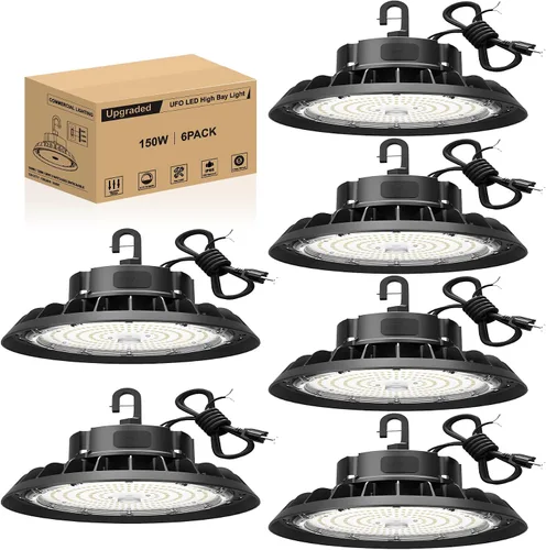 Vista 18 de UFO - Luz LED de alta bahía de 100 W, luces LED de alta bahía de 14,000LM, 0-10 V, regulable, cable de 6 pies con enchufe estadounidense, gancho