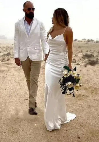 Vista 4 de TIRAS Vestidos de dama de honor de satén de sirena con tirantes delgados para mujer, vestido de fiesta formal de noche con cuello redondo largo CM200