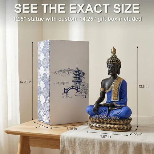Vista 5 de 25DOL Estatuas de Buda para el hogar. Estatua de Buda de 13 pulgadas (El momento de la iluminación). Coleccionables y figuras, decoración de Azul