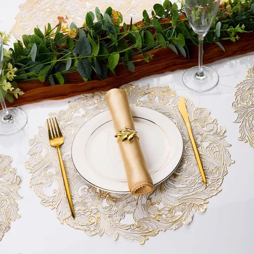 Vista 5 de Juego de 6 manteles individuales redondos dorados, manteles individuales de vinilo prensado floral lavable para mesa de comedor, boda, decoración
