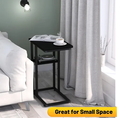 Vista 5 de Mesa auxiliar en forma de C, mesa auxiliar resistente de 2 niveles en forma de C para sofá, mesita de noche, espacio pequeño, mesa auxiliar