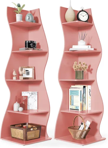 Vista 15 de LITTLE TREE Estantería de esquina pequeña, estantería moderna de esquina de pared de 5 niveles para libros, elegante librero estante
