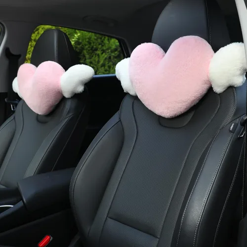 Vista 7 de Paquete de 2 almohadas para reposacabezas de automóvil en forma de corazón con alas de ángel, cómodo cojín suave para reposacabezas kawaii