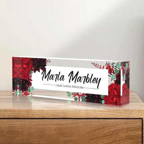 Vista 29 de Placa de identificación personalizada para escritorio, decoración de oficina de acrílico transparente con diseño de flores, decoraciones