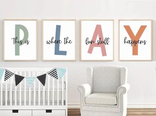 Vista 3 de Arte de pared para sala de juegos para niños, decoración de pared para habitación de niños, impresión en lienzo para sala de juegos para bebés