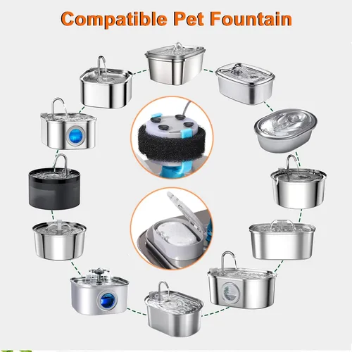 Vista 2 de Filtros de fuente de agua para gatos, 4 filtros+4 filtros de repuesto de esponja para 108/3.2L y 67oz/2LDispensador de agua de acero inoxidable