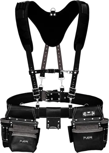 Vista 11 de FUERI Cinturón de herramientas de cuero con tirantes, bolsas de servicio pesado, bolsas para herramientas para hombres, carpinteros, construcción