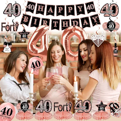 Vista 5 de Turypaty Kit de 34 piezas de decoración de cumpleaños 40 para mujer, globos de feliz cumpleaños de 40 años de oro rosa, centro de mesa, kit