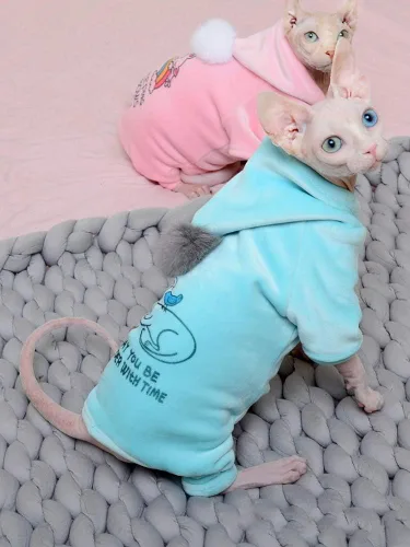 Vista 4 de Ropa para gatos sin pelo, camisa con capucha de algodón, transpirable, otoño e invierno, ropa cálida para gato, suéter chaleco para Sphynx, Cornish