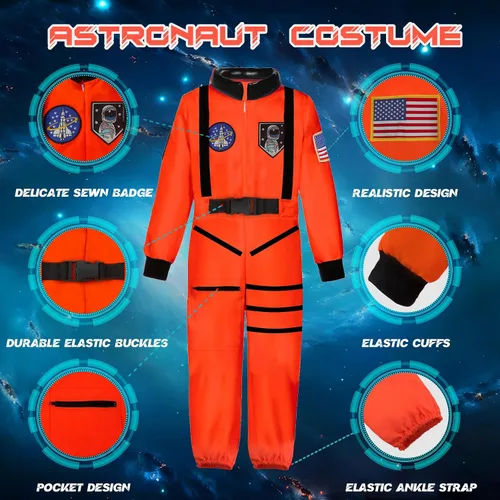 Vista 2 de Fooecor Disfraz de astronauta para niños, traje espacial de Halloween con mono y gorra incluidos (naranja)