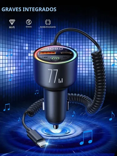 Vista 2 de Adaptador de coche de transmisor FM Bluetooth 5.4 de 77 W [PD3.0 65W+12W de carga rápida] Adaptador Bluetooth para automóvil