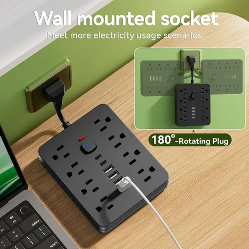 Vista 4 de Regleta de alimentación con protector de sobretensiones - Chiefway Enchufe de pared con múltiples tomas y 8 salidas de CA, 6 puertos USB (2 USB C)