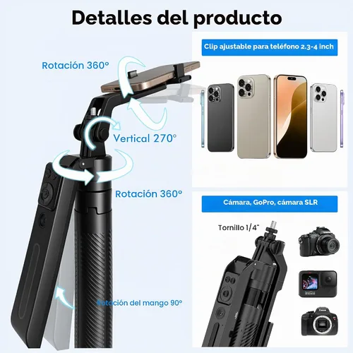 Vista 5 de Trípode para selfie stick de seguimiento automático con luz de llenado, rotación de 360 grados y control de gestos, trípode para selfie stick