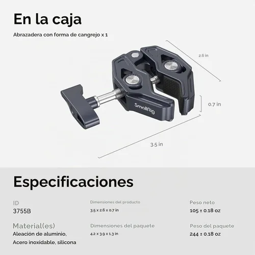 Vista 7 de SMALLRIG Abrazadera en forma de cangrejo, soporte para cámara, 1/4"-20, 3/8"-16 agujeros roscados, carga útil de 7.7lbs/3.5kg, compatible