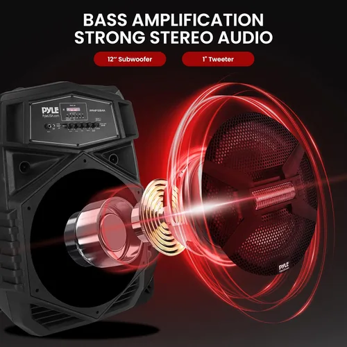 Vista 2 de Pyle Sistema de altavoces Bluetooth portátil de 12 pulgadas, altavoz de karaoke de 1000 W con luces LED, USB/Micro SD/FM/BT/Aux/control