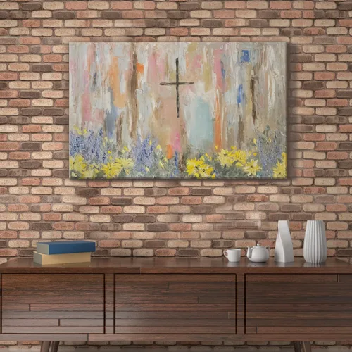 Vista 4 de Arte de pared enmarcado con cruz y flores, pintura al óleo floral cristiana, impresiones en lienzo, carteles religiosos abstractos, graffiti