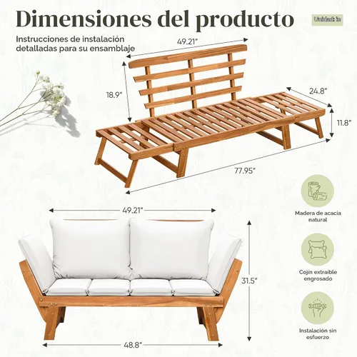 Vista 3 de Flamaker Sofá de exterior con reposabrazos ajustables, sofá biplaza de madera de acacia para patio con cojines suaves, muebles de patio convertibles